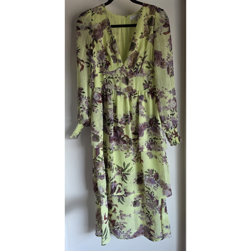 Fourteenth Place Maxi Dress S Floral V-Neck Long Sleeve Lime Green Purple Boho